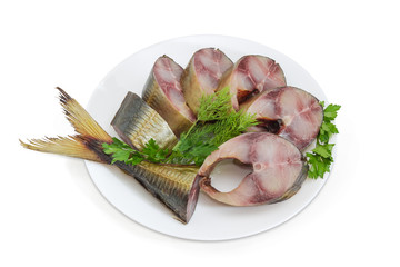 Smoked Atlantic horse mackerel slices on the white dish