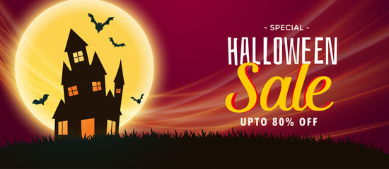 spooky halloween sale banner with haunted house and flying bats