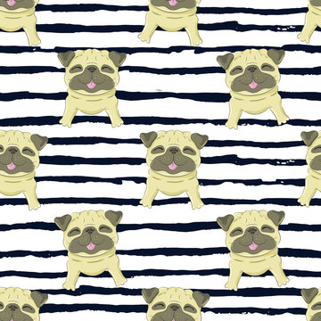Seamless vector pattern with funny pug head illustration on a stripped background, kids fashion print design