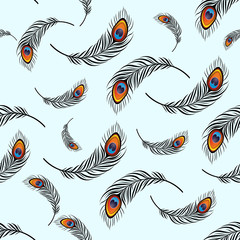 Vector seamless pattern feather. Flying peacock feather