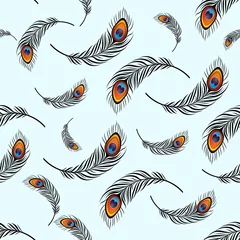 Behang Pauw Vector naadloze patroon veer. Vliegende pauwenveer