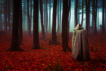 Mönch mit Kutte in einem düsteren Herbstwald