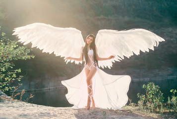A heavenly angel in a fabulous, sexy dress with white wings, walks against the backdrop of cliffs...