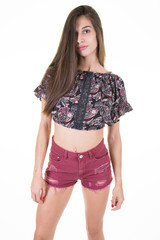 teenager girl in fashion clothes on white background