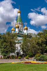 Fototapeta na wymiar The Russian St. Nicholas church in the centre of Sofia city, capital of Bulgaria