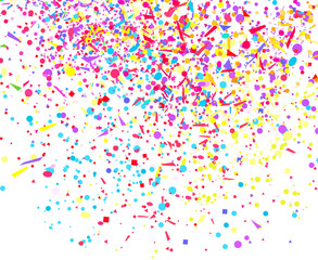 Colored pattern with geometric elements on white. Holiday background with confetti. Texture from glitters. Festive frame. Print for banners, posters, t-shirts and textiles. Greeting cards