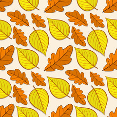 Seamless pattern with oak and linden autumn leaves. Vector illustration.