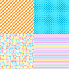 Set of seamless colored patterns. Pretty bright colors. Abstract geometric wallpaper of the surface. Striped backgrounds. Print for polygraphy, posters, t-shirts and textiles. Doodle for work