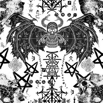 Seamless pattern with winged demon, mysterious symbols and devil skull on white. Death symbol, black magic concept. Occult, esoteric and Halloween illustration