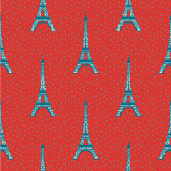 Fototapeta na wymiar Bright red and blue eiffel tower pattern, seamless vector repeat. Trendy vintage style. Great for wallpapers, fabrics, gift wrapping, greeting cards, backgrounds, scrapbooking etc. 