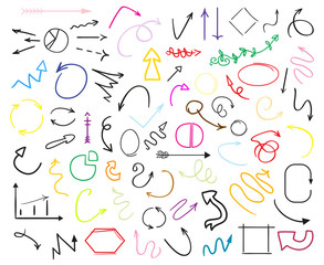 Multicolored infographic elements isolated on white. Set of different indicator signs. Tangled backdrops. Hand drawn simple objects. Line art. Abstract circles, arrows and rectangles. Symbols for work