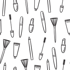 Vector seamless pattern with cosmetics. Mascara, brush and lipstick. Hand drawn style