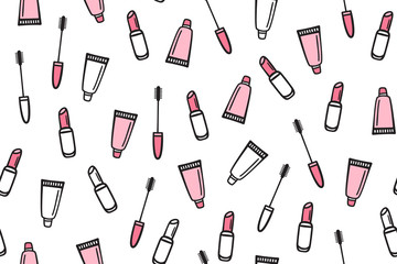 Vector seamless pattern with cosmetics. Mascara, brush and lipstick. Hand drawn style