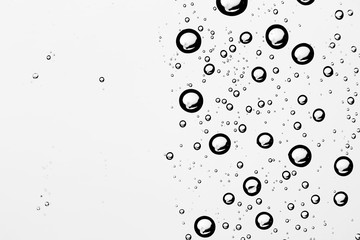 white isolated background water drops on the glass / wet window glass with splashes and drops of water and lime, texture autumn background