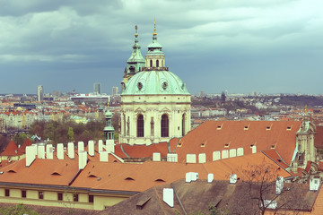 Obraz premium Prague view / panoramic landscape of the czech republic, Prague view with red roofs of houses from above, landscape in the European capital