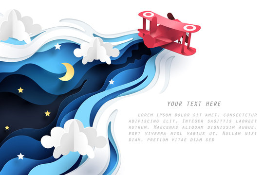 Abstract of little paper plane flying through cloud at night, paper art concept and tourism idea