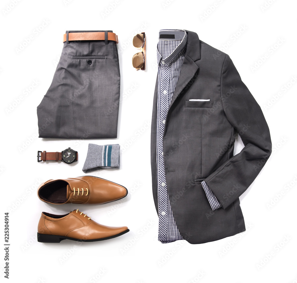 Wall mural Men's casual outfits for man clothing with gray suit , watch, sunglasses, trousers, socks, shirt and oxford shoes isolated on white background, Top view. pack shot