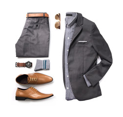 Men's casual outfits for man clothing with gray suit , watch, sunglasses, trousers, socks, shirt...