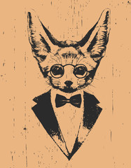 Portrait of Fennec Fox in suit, hand-drawn illustration, vector