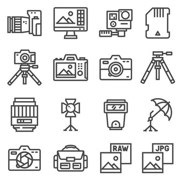 Vector line Photography, equipment, post-production, printing icons set
