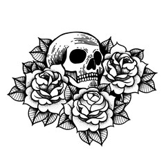 Rose tattoo with skull. Roses isolated vector illustration.