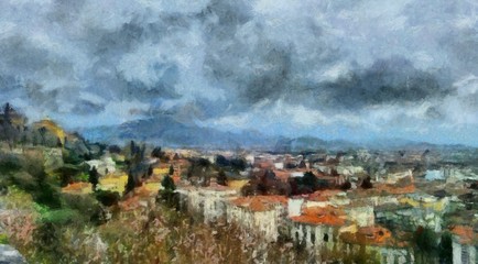 Oil painting. Art print for wall decor. Acrylic artwork. Big size poster. Watercolor drawing. Modern style fine art. Beautiful autumn landscape. mountain city. Grey rain clouds.