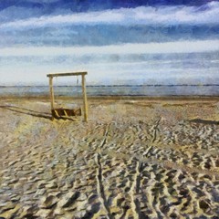 Fototapeta premium Oil painting. Art print for wall decor. Acrylic artwork. Big size poster. Watercolor drawing. Modern style fine art. Beautiful landscape. Swing on sandy beach.