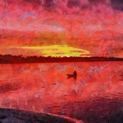 Oil painting. Art print for wall decor. Acrylic artwork. Big size poster. Watercolor drawing. Modern style fine art. Beautiful landscape.Charming red sunset above the lake.