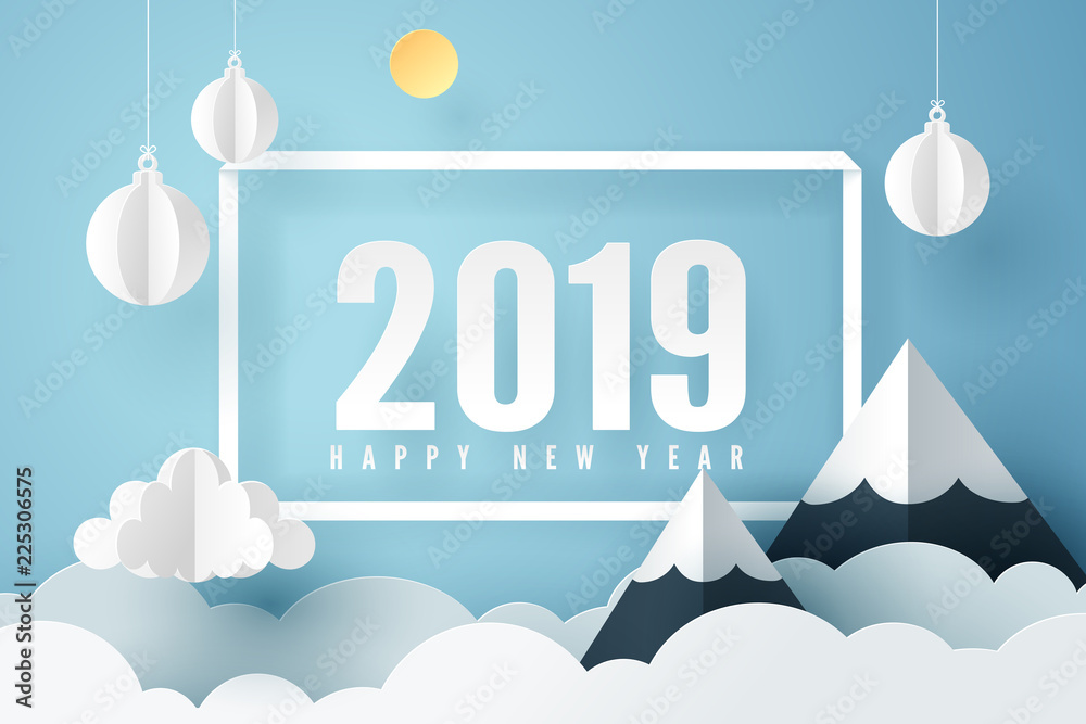 Wall mural Paper art of 2019 happy new year with sky and mount