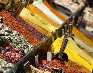 Sales stand with spices in a bazaar in Istanbul.