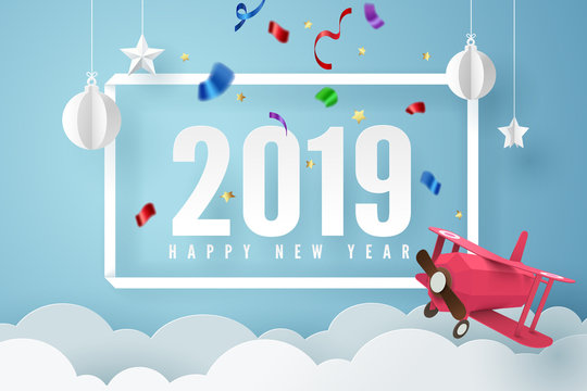 Paper art of 2019 happy new year with red plane flying in the sky