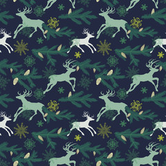 Christmas seamless pattern. Deers, pine tree twigs and snowflakes