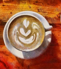 Oil painting. Art print for wall decor. Acrylic artwork. Big size poster. Watercolor drawing. Modern style fine art. Hot white cup of coffee. Cappuccino.