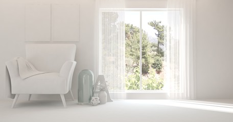 White room with armchair and green landscape in window. Scandinavian interior design. 3D illustration