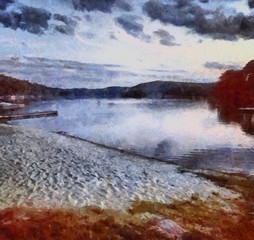 Oil painting. Art print for wall decor. Acrylic artwork. Big size poster. Watercolor drawing. Modern style fine art. Beautiful wild lake landscape. Sandy beach