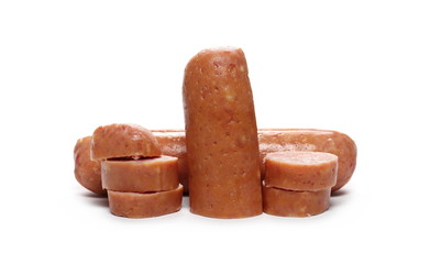 Sausages with slices isolated on white background
