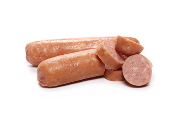 Sausages with slices isolated on white background