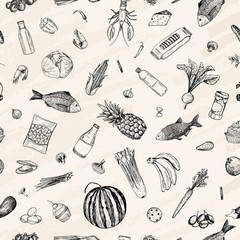 Vector illustration. Sketch drawn products seamless pattern. Pen style vector objects.