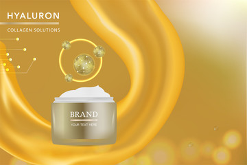 Beauty product, gold cosmetic container with advertising background ready to use, holiday concept skin care ad. illustration vector.	