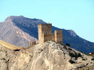 Sudak fortress. Crimea. Russia. Tower and wall of ancient fortress