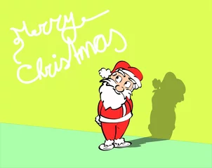 Fotobehang Volledige gekleurde illustratie van kerstman tegen een kleurige achtergrond. Leuk voor een kerstkaart. Grappige cartoon stijl - ingekleurde lijntekening.  © emieldelange