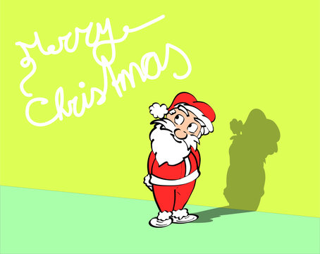 Volledige gekleurde illustratie van kerstman tegen een kleurige achtergrond. Leuk voor een kerstkaart. Grappige cartoon stijl - ingekleurde lijntekening. 