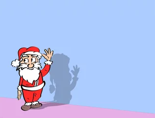 Fototapeten Volledige gekleurde illustratie van kerstman tegen een kleurige achtergrond. Leuk voor een kerstkaart. Grappige cartoon stijl - ingekleurde lijntekening.  © emieldelange
