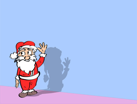 Volledige gekleurde illustratie van kerstman tegen een kleurige achtergrond. Leuk voor een kerstkaart. Grappige cartoon stijl - ingekleurde lijntekening. 