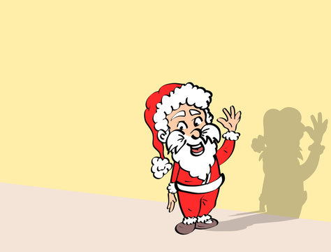 Volledige gekleurde illustratie van kerstman tegen een kleurige achtergrond. Leuk voor een kerstkaart. Grappige cartoon stijl - ingekleurde lijntekening. 