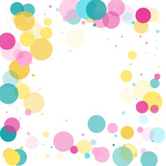 Memphis round confetti festive background in cyan blue, pink and yellow. Childish pattern vector.