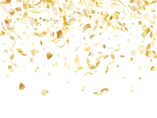 Holiday realistic gold confetti flying on black background.