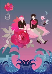 The bride and groom with a rose-shaped skirt stretch out their arms to each other sitting on a pink cloud flying over a large city in the shape of an ocean. A winged elf plays on a magic flower lyre.