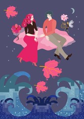 Obraz na płótnie Canvas Girlfriend with haircut in the form of bouquet of roses and crimson skirt and boyfriend are flying on pink cloud in night sky over big city in the form of raging ocean in vector. Wedding invitation.