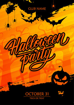 Halloween Party poster with hand lettering, scary pumpkin, traditional holiday spooky symbols and black brush stroke. Vector illustration.